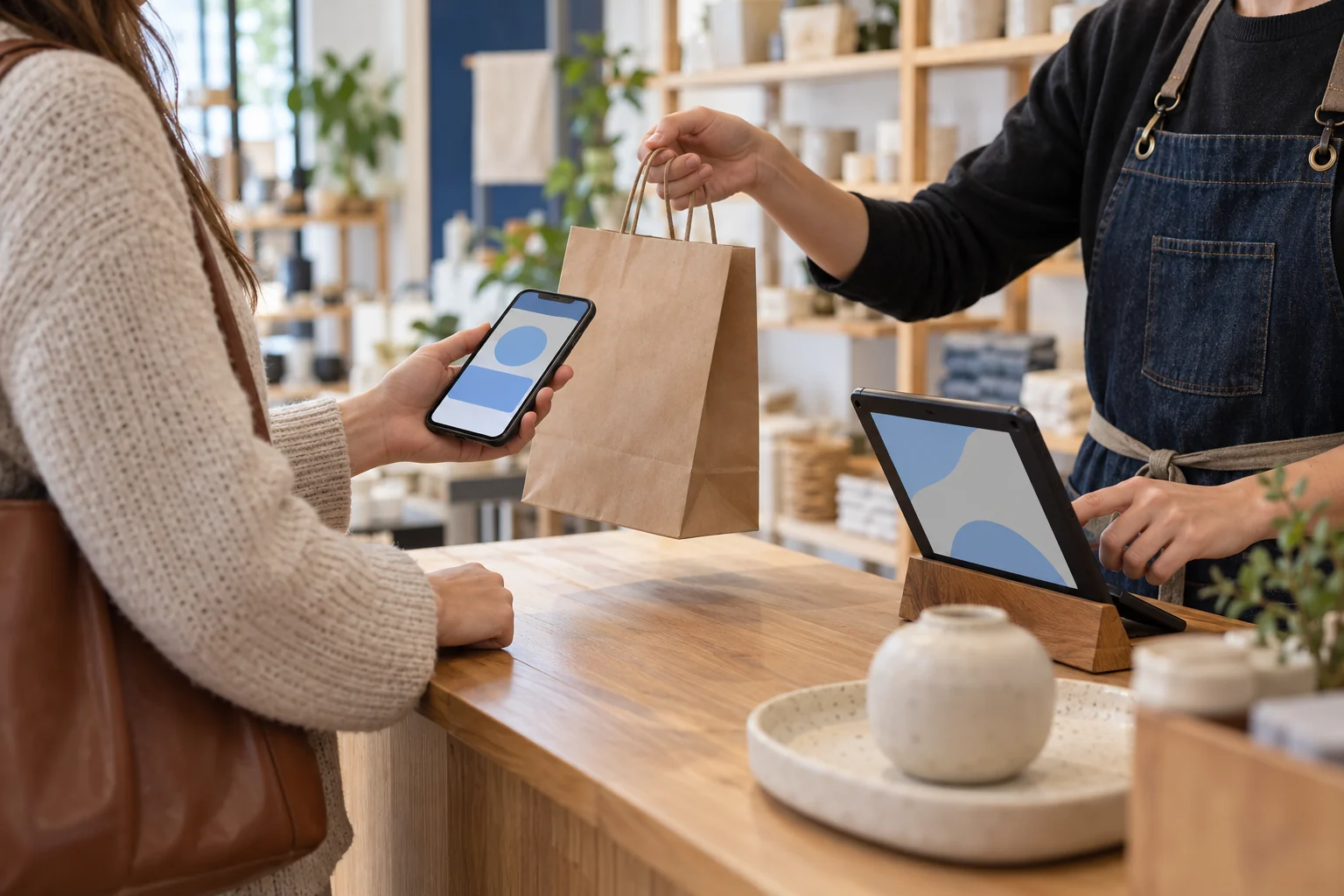 Escena editorial de un cliente presentando un beneficio desde su celular mientras el personal consulta una tablet en el mostrador de un comercio